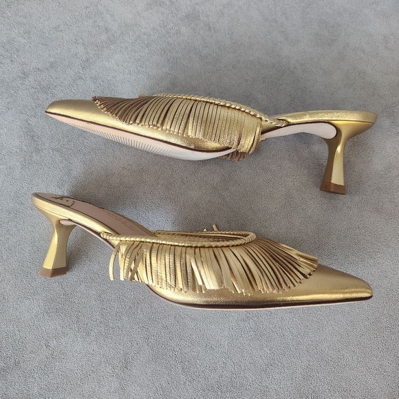 Antonio Melani Jennifer Sumko Mules 5.5 Gold Leather Mimi Fringe Pointy New $130 - Picture 2 of 13